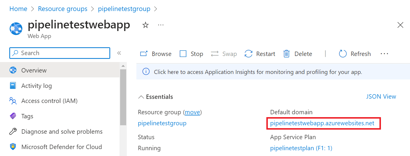 Captura de tela que mostra a URL de domínio padrão.