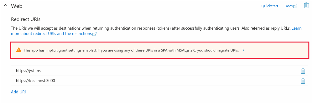 Banner de alerta de fluxo implícito no bloco do aplicativo Web no Centro de administração do Entra.