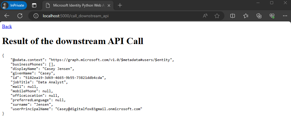 Captura de tela mostrando os resultados de uma chamada à API bem-sucedida.