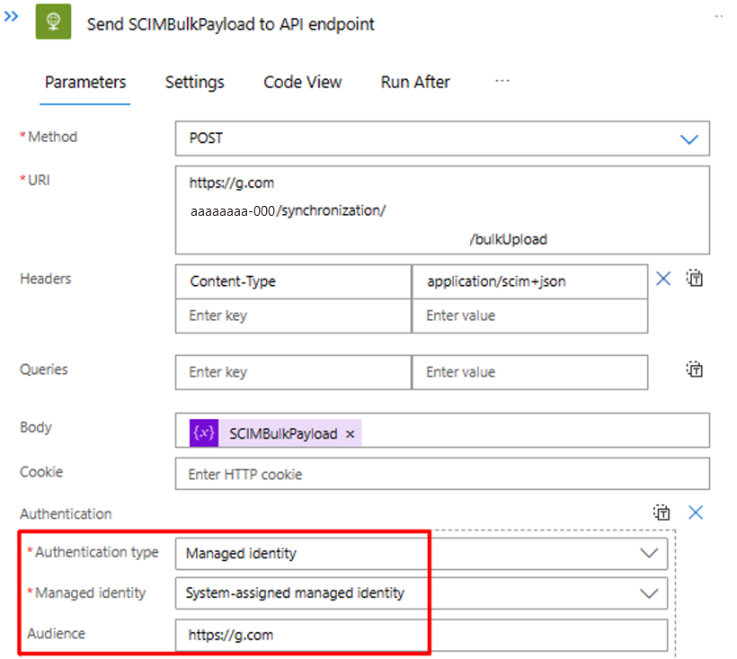 Captura de tela da chamada à API de upload em massa com identidade gerenciada.
