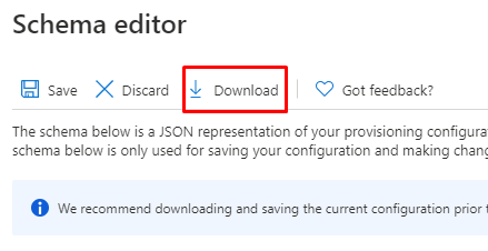 A captura de tela mostra o editor de esquema com Download selecionado para salvar uma cópia do esquema.
