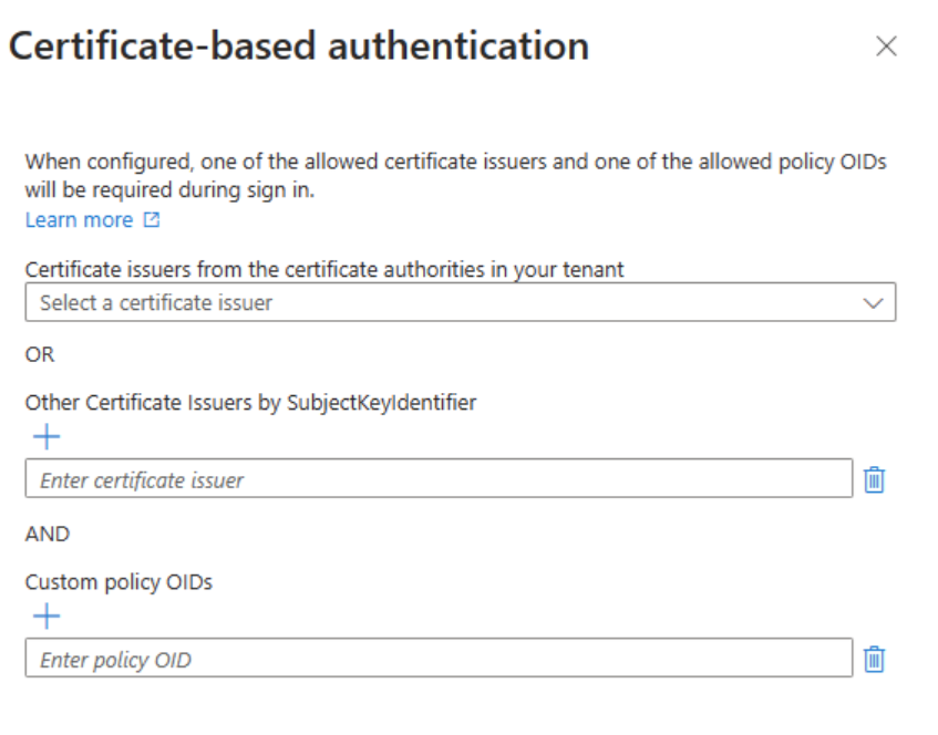 Captura de tela que mostra as opções de configuração para emissores de certificado e identificadores de objeto de política.