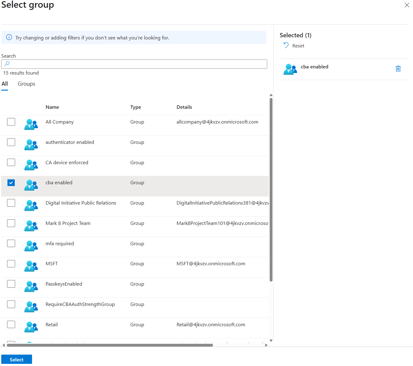 Captura de tela que mostra a opção selecionar grupo no escopo da AC.