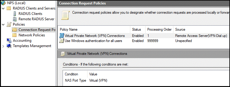 Política de solicitação de conexão mostrando uma política de conexão VPN