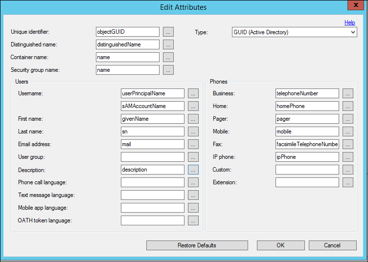 Editar mapeamento de atributos de diretório no servidor MFA