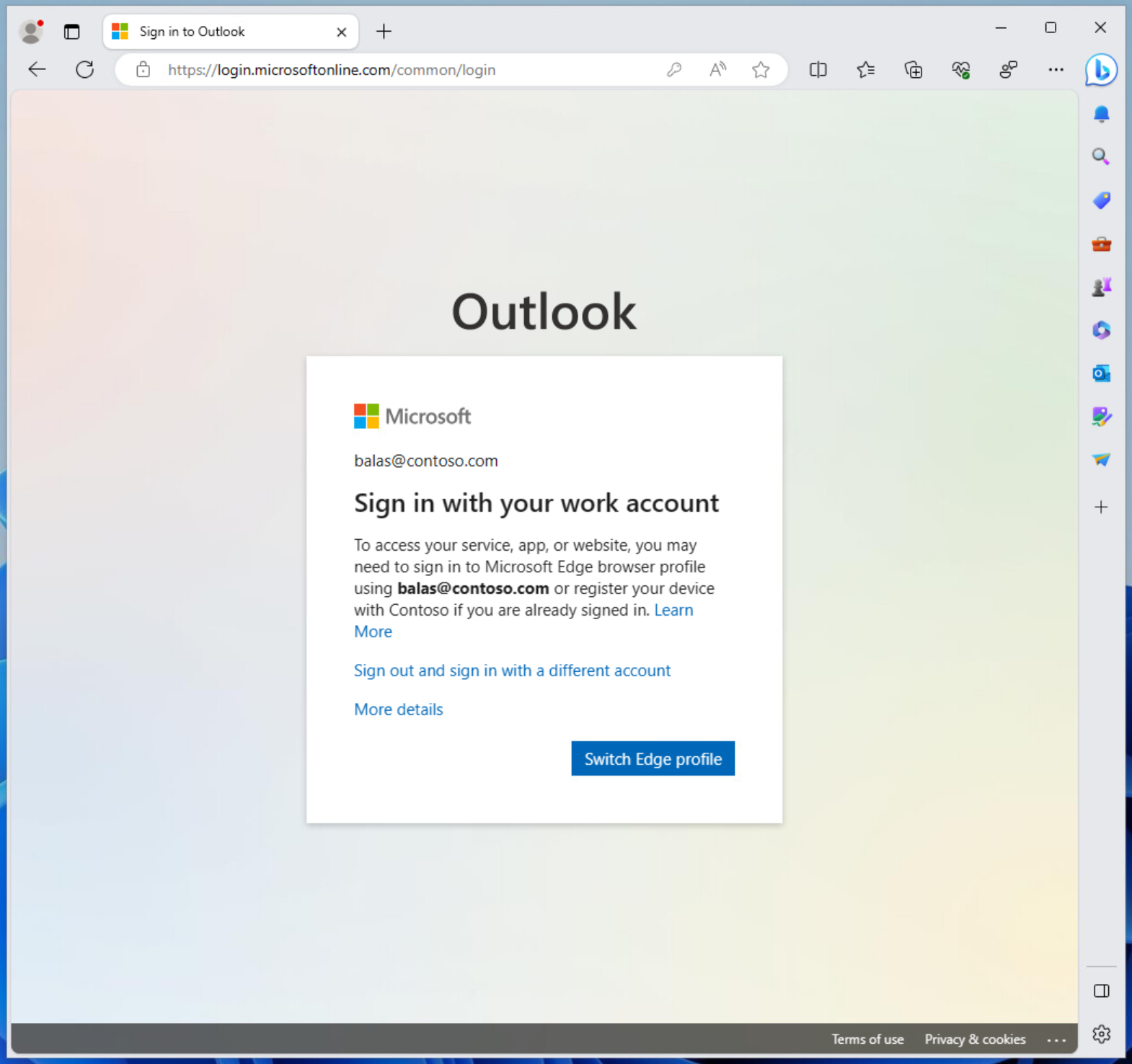 Captura de tela de um navegador que exige que o usuário entre no seu perfil do Microsoft Edge para acessar um aplicativo.