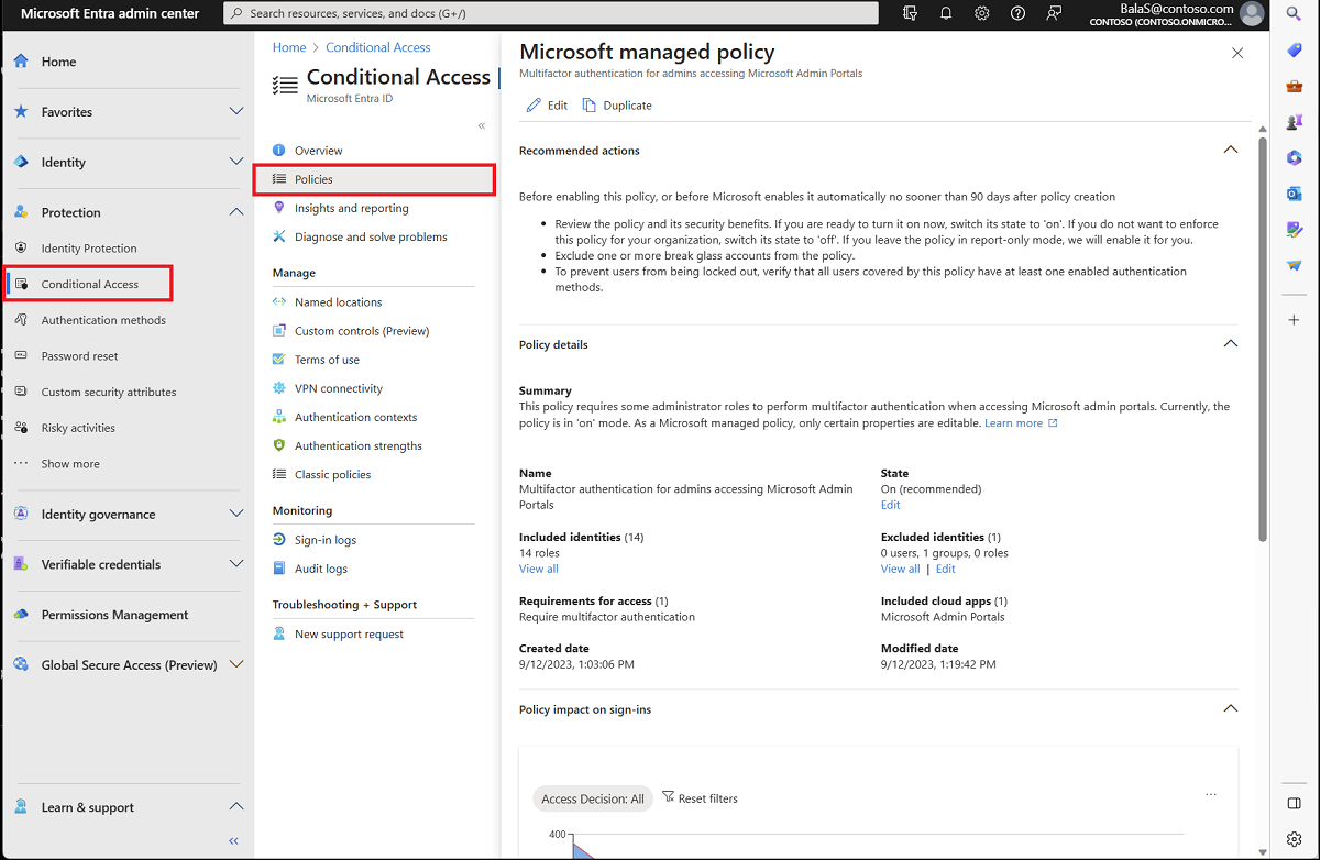 Captura de tela mostrando um exemplo de uma política gerenciada pela Microsoft no centro de administração do Microsoft Entra.