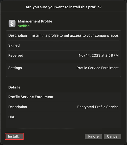 Captura de tela do prompt para instalar o perfil de gerenciamento nas configurações.