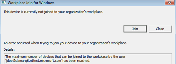 Captura de tela da caixa de diálogo do Workplace Join para Windows. O texto informa um erro porque o usuário atingiu o número máximo de dispositivos associados.