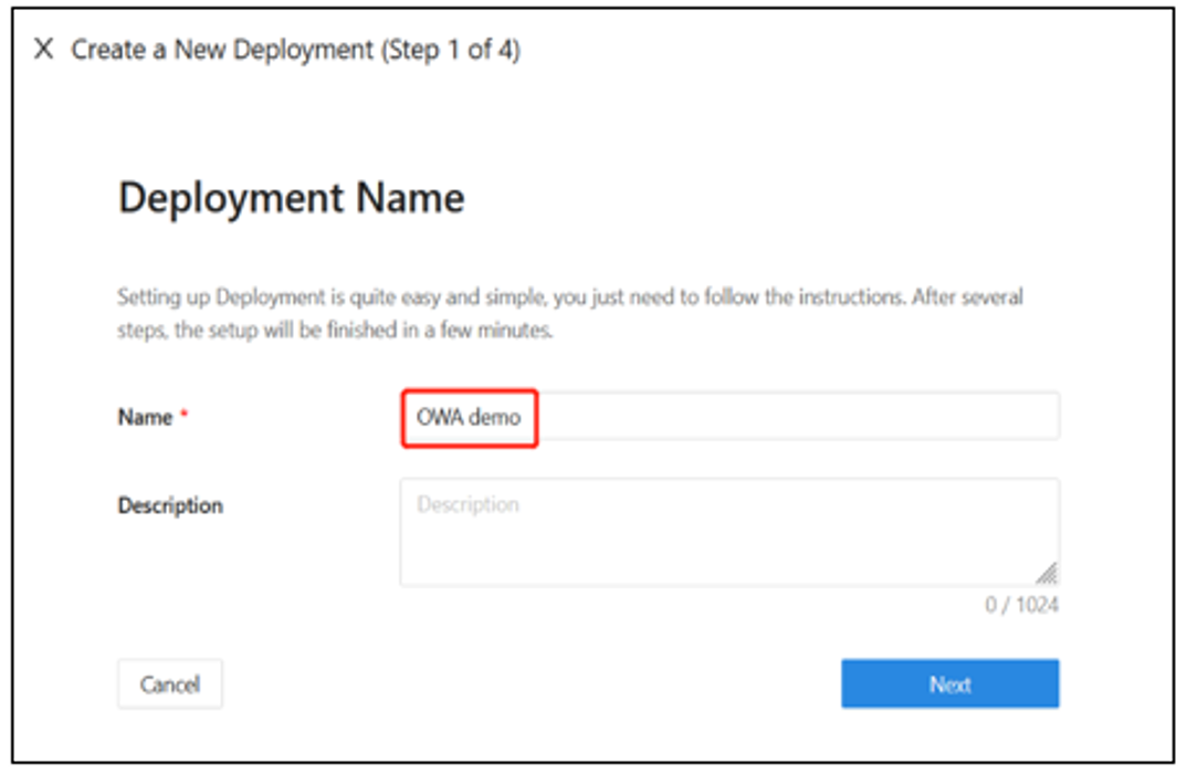 Captura de tela mostrando a tela do nome da implantação.