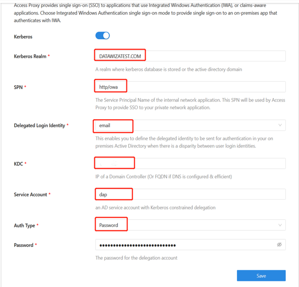 A captura de tela mostra a configuração de kerberos.