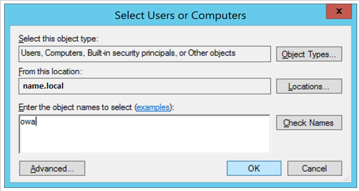 A captura de tela mostra os campos para selecionar nomes de objetos.