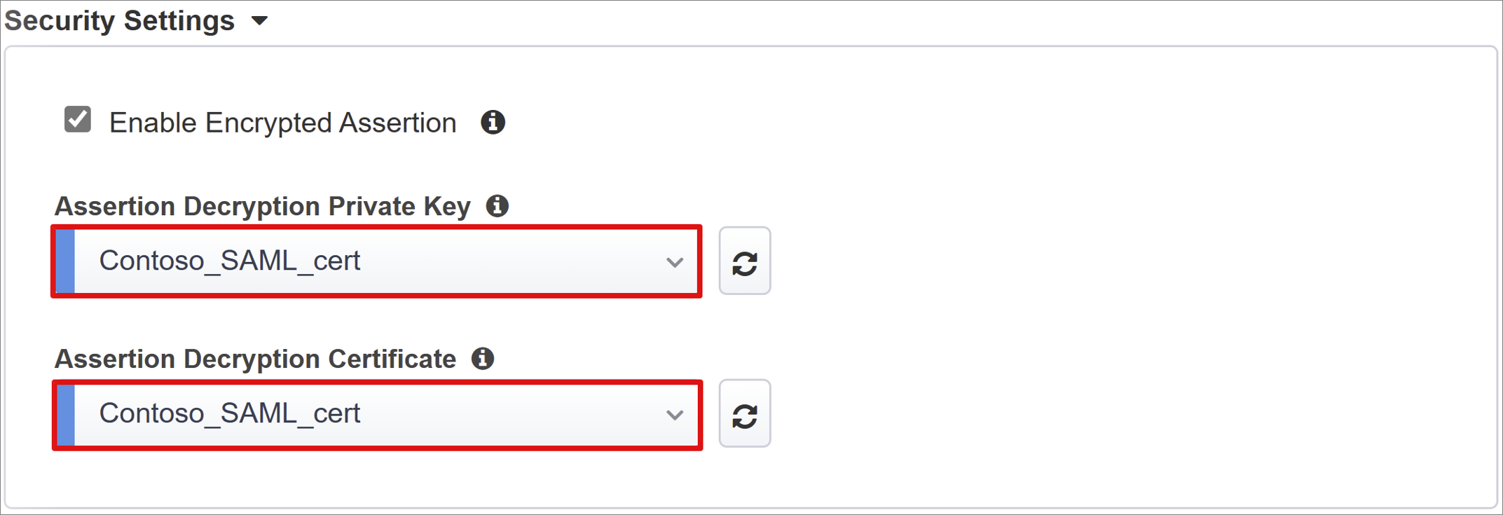 Captura de tela das entradas Chave Privada de Descriptografia de Declaração e Certificados de Descriptografia de Declaração.