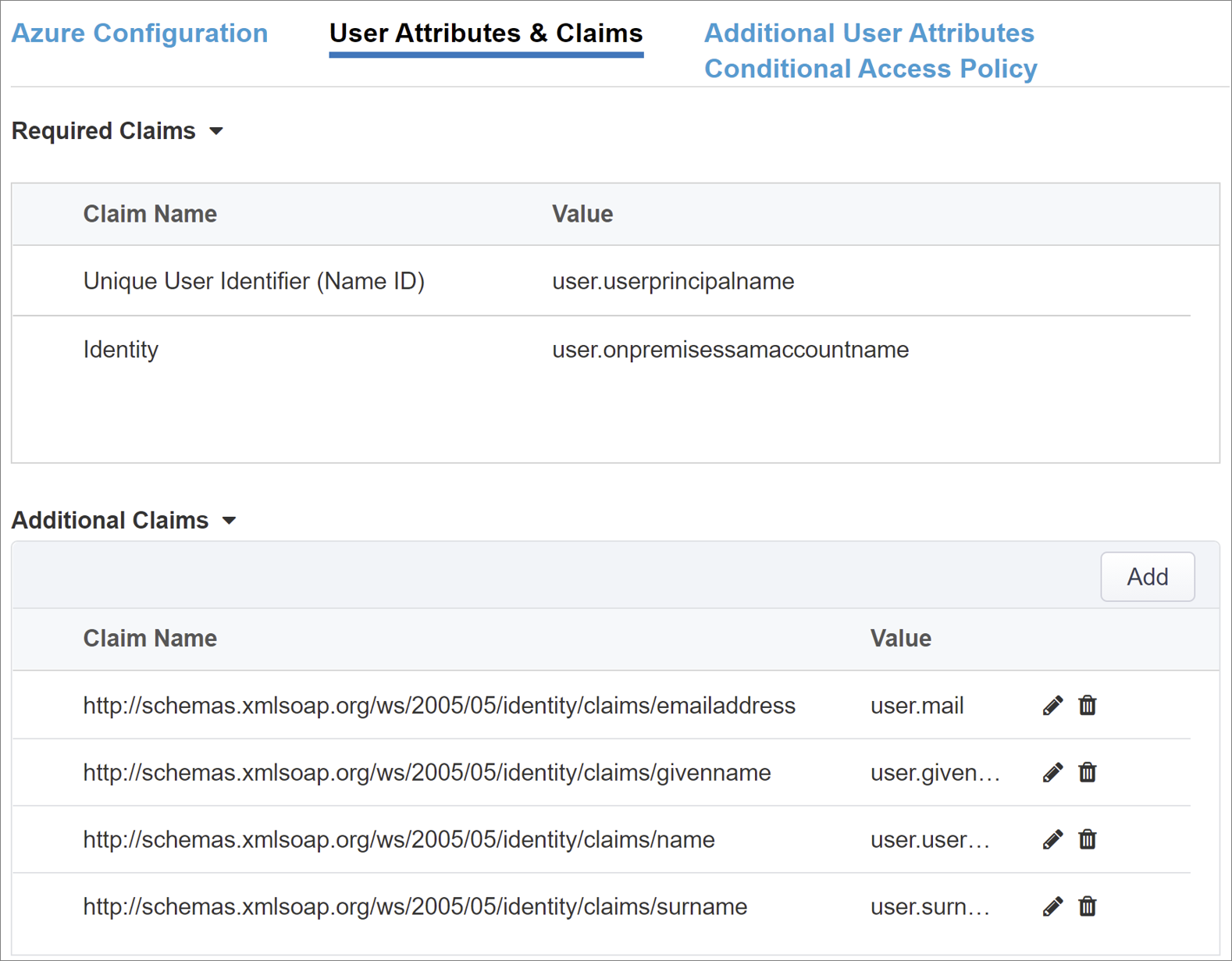 Captura de tela de opções e entradas para Atributos e Declarações de Usuário.