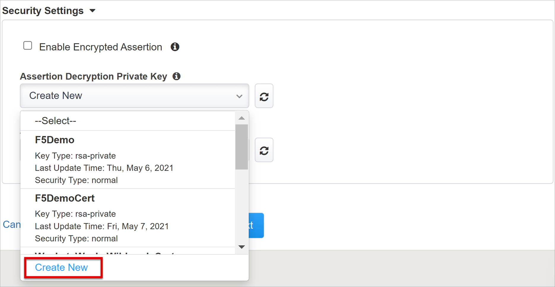 Captura de tela da opção Criar Novo em Chave Privada de Descriptografia de Declaração, em Configurações de Segurança.