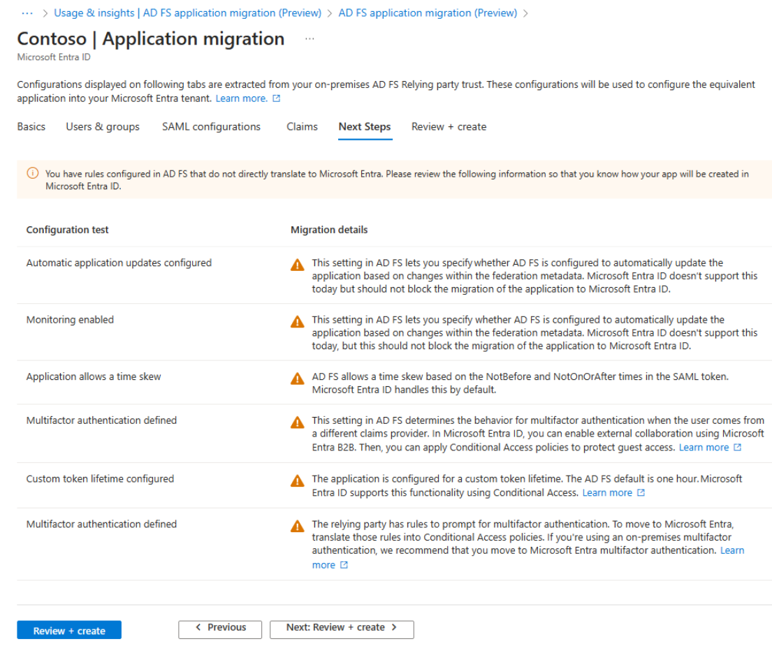 Captura de tela da guia próximas etapas da migração de aplicativo do AD FS.