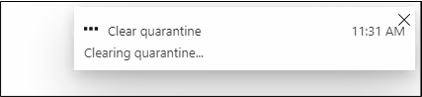 Captura de tela que mostra o aviso de que a quarentena está sendo removida.