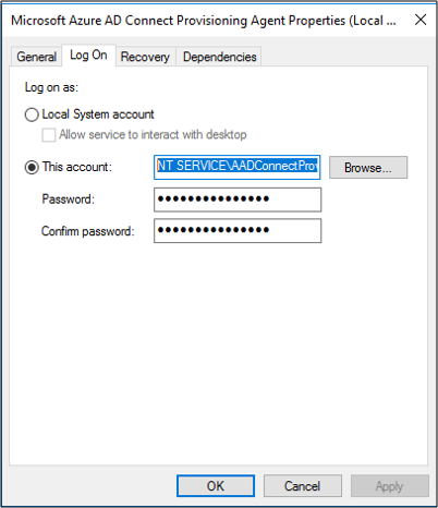 Captura de tela que mostra as opções disponíveis na guia logon.