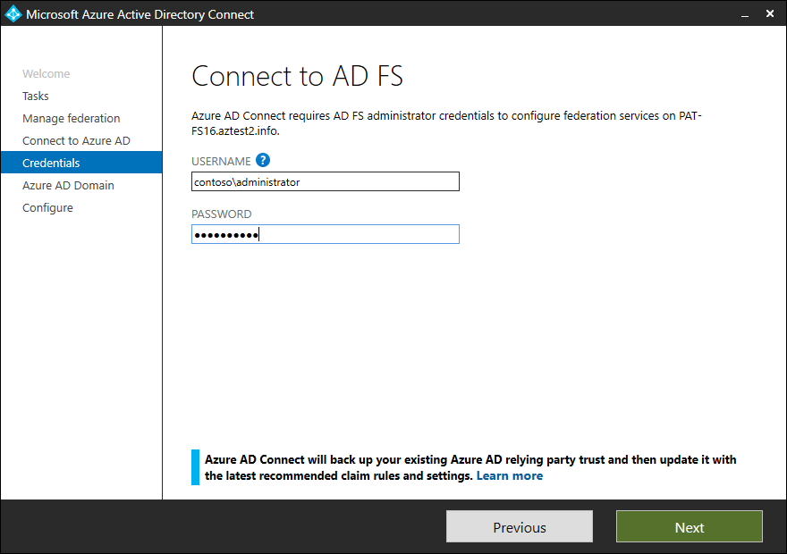 Página do Microsoft Entra Connect mostrando mensagem sobre o backup confiável existente do Microsoft Entra ID