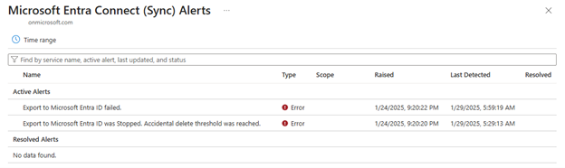 Captura de tela que mostra alertas de sincronização do Microsoft Entra Connect.