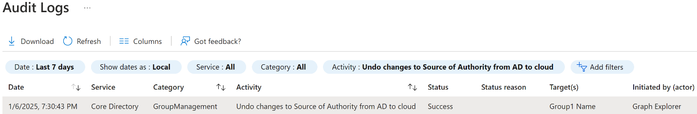 Captura de tela de Desfazer Alterações nos Logs de Auditoria.
