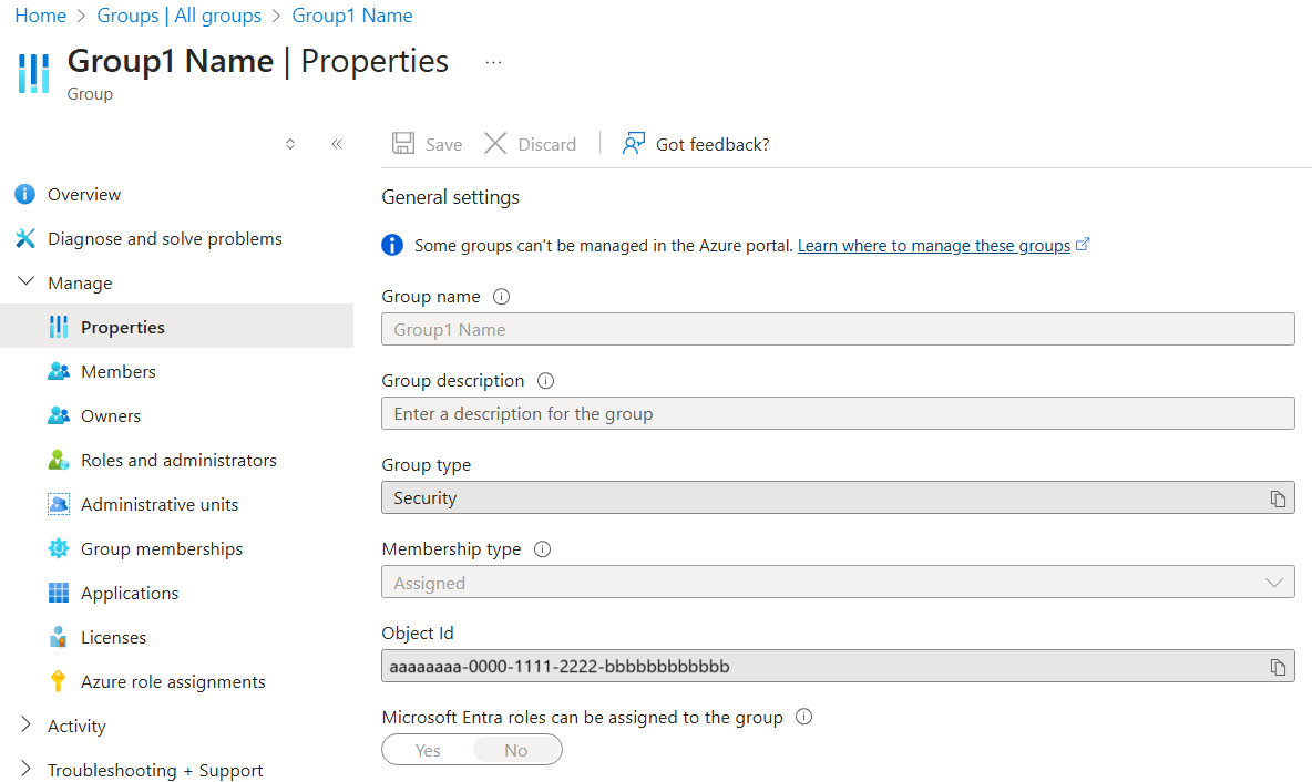 Captura de tela das propriedades avançadas do grupo.