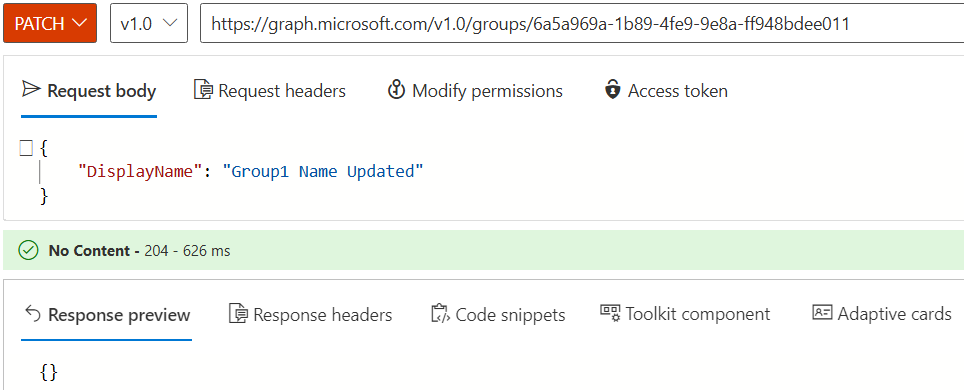 Captura de tela de uma nova tentativa de alterar as propriedades do grupo.