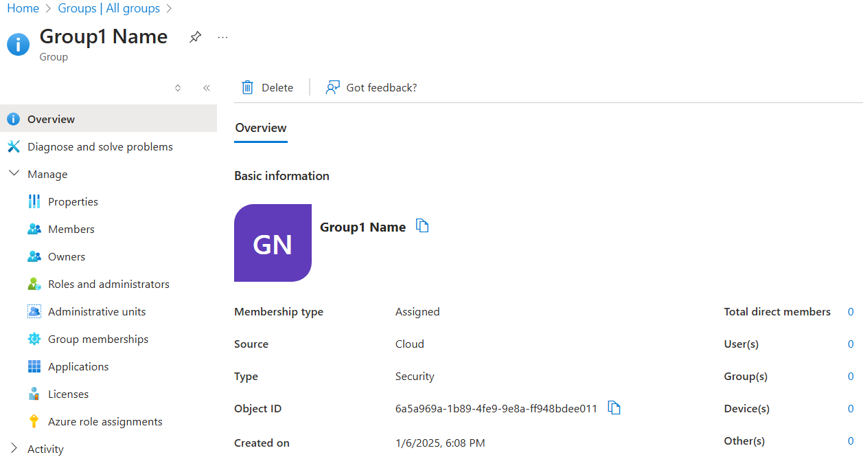 Captura de tela de como confirmar a propriedade de origem do grupo.
