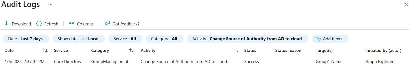 Captura de tela do portal do Azure mostrando a origem da alteração da autoridade do AD DS para a seleção de atividades na nuvem.