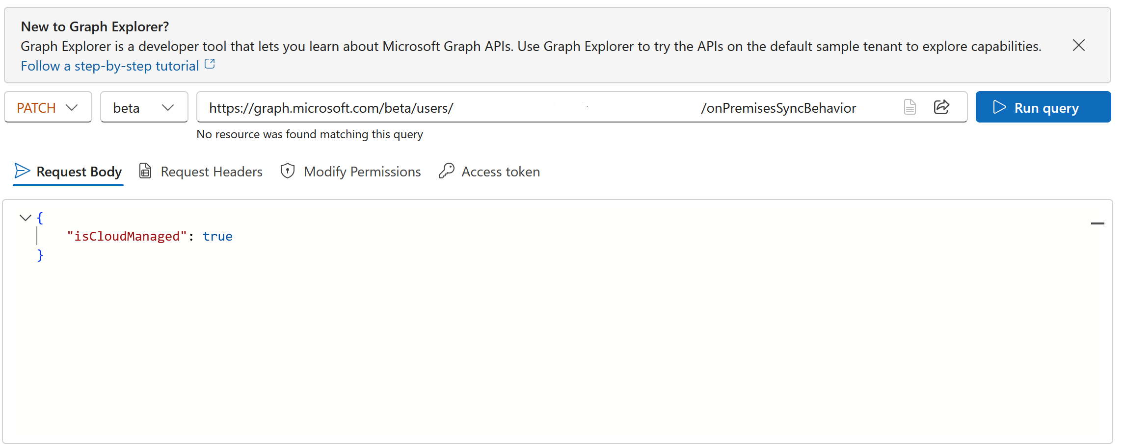 Captura de tela da operação PATCH para atualizar as propriedades do usuário.