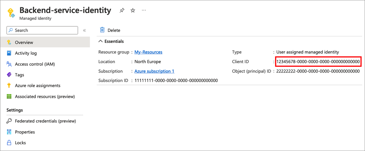 Captura de tela que mostra como copiar a ID do cliente de identidade gerenciada.