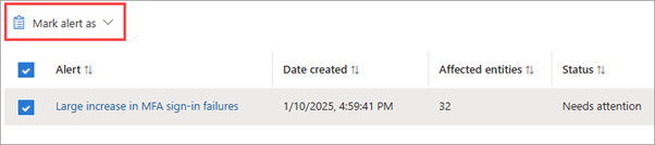 Captura de tela da página de alerta com o menu Marcar como alerta realçado.