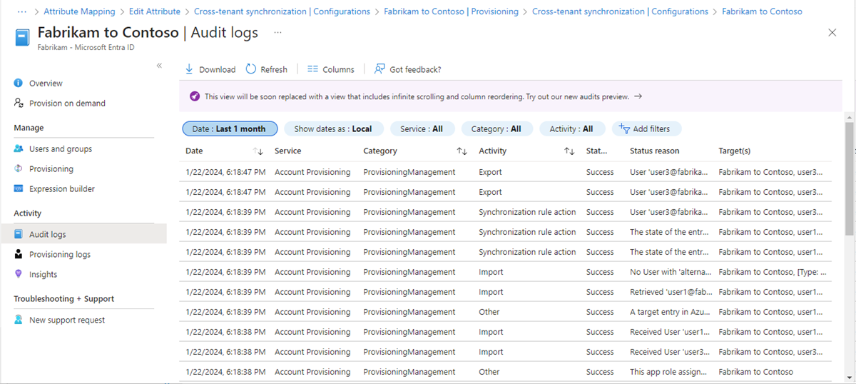 Captura de tela da página Logs de auditoria, que lista as entradas de log e seu status.