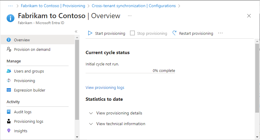 Captura de tela da página Visão geral de configurações, que lista os detalhes de provisionamento.