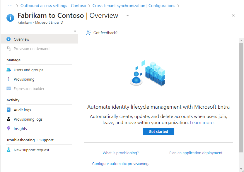 Captura de tela que mostra a página Configurações de sincronização entre locatários e uma nova configuração.