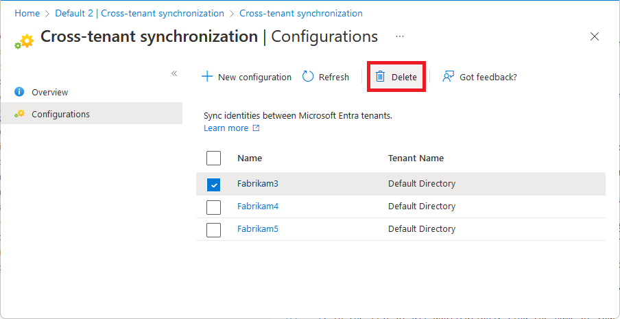 Captura de tela da página Configurações mostrando como excluir uma configuração.
