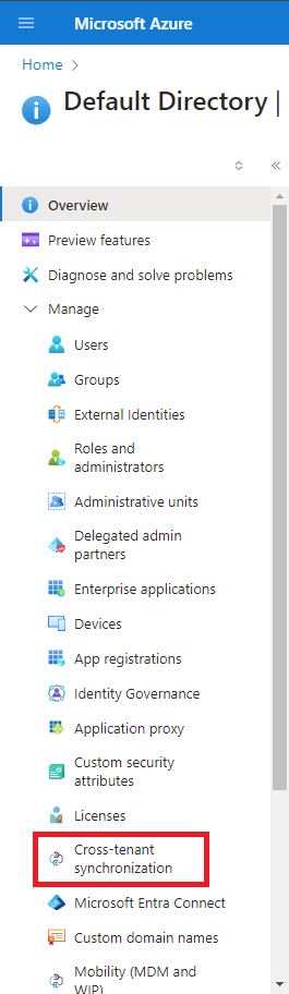 Captura de tela que mostra a navegação de Sincronização entre locatários no portal do Azure.