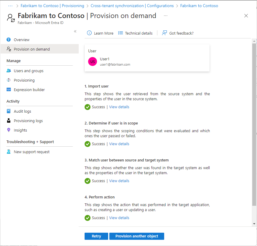 Captura de tela da página Provisionar sob demanda que mostra detalhes sobre o provisionamento.