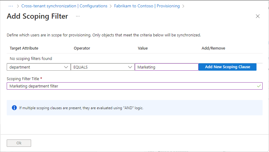 Captura de tela que mostra a página Adicionar Filtro de Escopo com um filtro de exemplo.