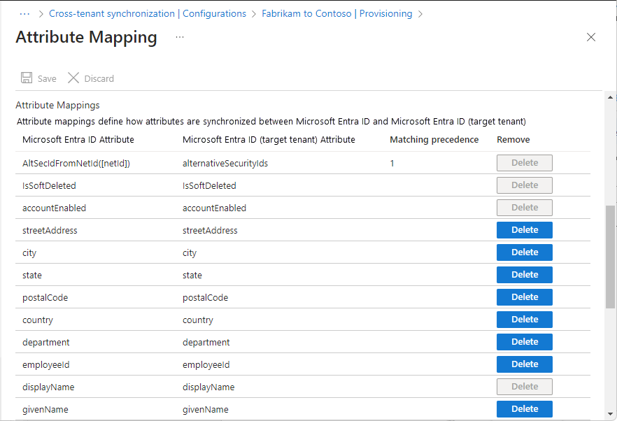 Captura de tela da página Mapeamento de Atributos que mostra a lista de atributos do Microsoft Entra.