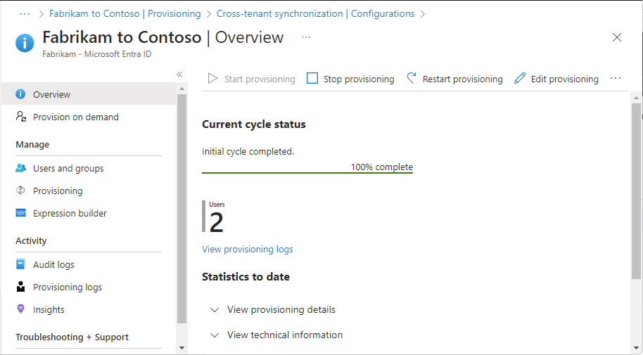 Captura de tela da página Visão geral de configurações, que mostra o status do ciclo de provisionamento.