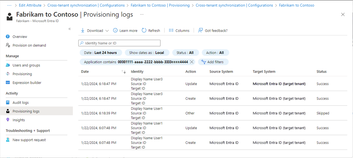 Captura de tela da página Logs de provisionamento, que lista as entradas de log e seu status.
