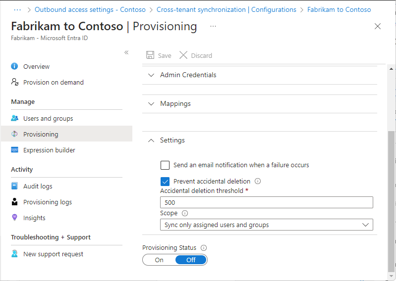 Captura de tela da página Provisionamento, que mostra a seção Configurações com as opções Escopo e Status de Provisionamento.