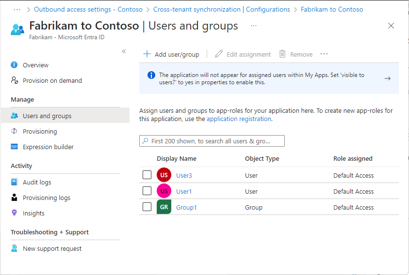 Captura de tela que mostra a página Usuários e grupos com um usuário atribuído à configuração.