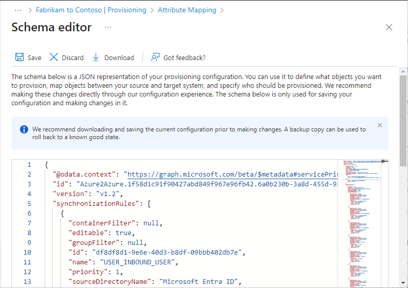 Captura de tela da página editor de esquema com as opções para editar o esquema no JSON.