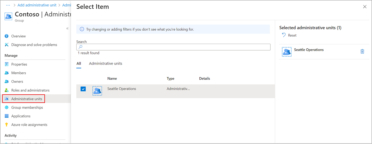 Captura de tela da página Unidades administrativas para adicionar um usuário a uma unidade administrativa.