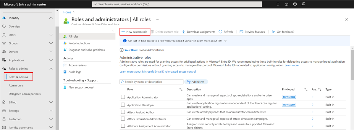 Adicionar uma nova função personalizada da lista de funções no Microsoft Entra ID