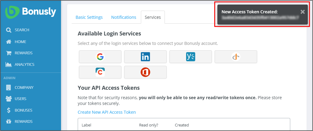 Captura de tela do site do Bonusly. Uma notificação está visível e mostra o token de acesso criado, seguido por um token indecifrável.