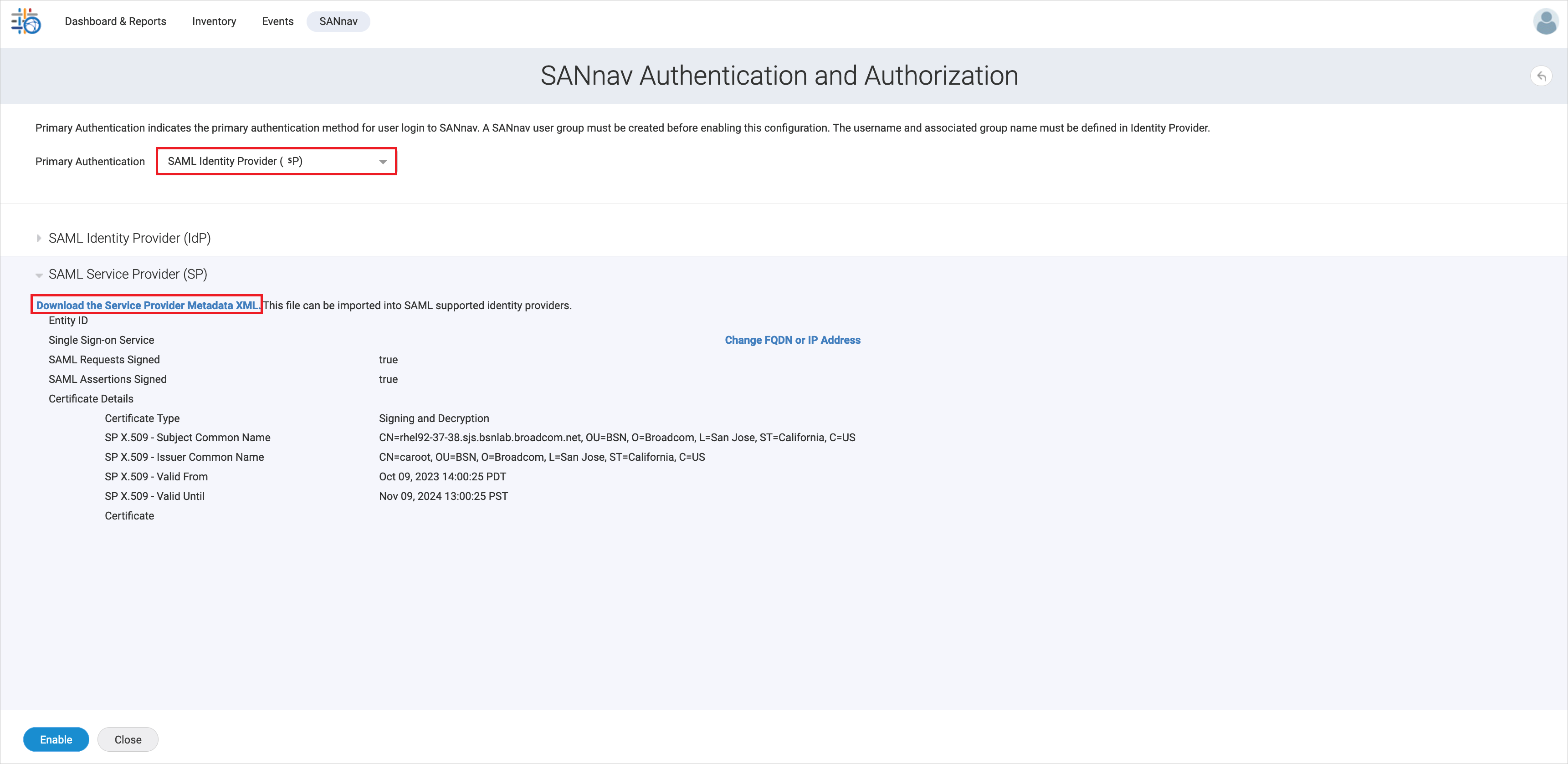 A captura de tela mostra as configurações dos metadados do Provedor de Serviços.