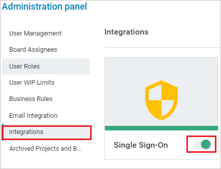 A captura de tela mostra o painel Administração com a opção Integração selecionada.
